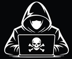 Illustration of a person in a hoodie facing a laptop showing a skull, representing cyber threats or hacking. vector