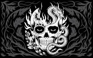 An illustration concept blending a skull, fire, and a dragon into one image on a creative background. vector