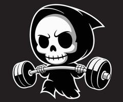 A grim reaper illustration showing it lifting an Olympic barbell. vector