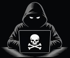 A hacker themed illustration showing a hooded figure at a computer with a skull image. vector