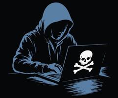 Drawing of a person in a hoodie, working on a laptop with a skull image. Cybercrime and crime. vector