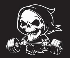 A drawing of the grim reaper lifting an Olympic bar while playfully sticking out its tongue. vector