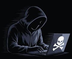 A hooded character sits before a laptop displaying a skull icon, symbolizing cybercrime. vector