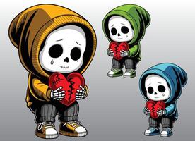 Graphic art depicting a skeleton in mourning and holding a heart sewn back after breaking. vector