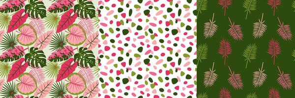 Tropical seamless pattern set with colorful palm leaves and abstract shapes. Bright jungle foliage, modern botanical background, exotic plants texture for textile, wallpaper, wrapping, and decor. vector