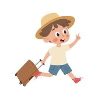 Cute little boy in straw hat and shorts running with suitcase. Child illustration on white background vector