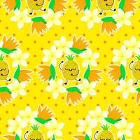 Seamless pattern of cute pineapple characters and exotic flowers on yellow background and dots vector