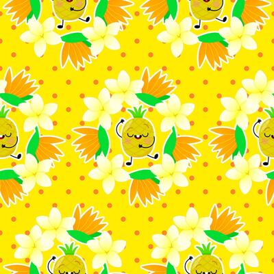 Seamless pattern of cute pineapple characters and exotic flowers on yellow background and dots