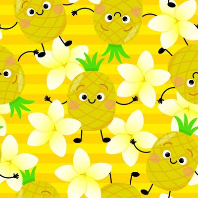 Seamless pattern of cute pineapple characters and exotic flowers on yellow background