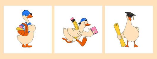 Set of Three Cartoon Geese Running with Pencil, Notepad, and Backpack. Ready for School vector