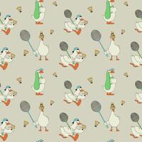Seamless pattern with Cartoon Duck Playing Badminton with Racket and Shuttlecock vector