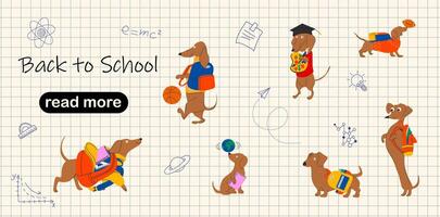 Web page design template. Charming Dachshunds Dressed for School. Back to school vector
