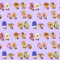 Seamless pattern featuring groovy retro cartoon breakfast characters in fun food duos vector