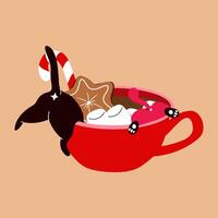 Cat Enjoying Christmas Cocoa. Cute Candy Cane and Cocoa Mug vector