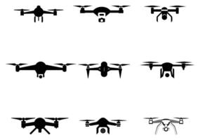 Black drone silhouettes with various camera and rotor configurations are flying over a white background vector