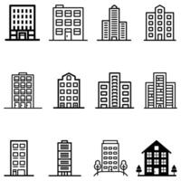 Twelve diverse monochrome building icons show a varied architectural landscape in simple line art vector