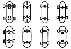Collection of Eight Outlined Skateboard Icons Different Styles, Decks, Trucks, and Wheels on White Background vector
