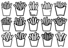 Various outlined french fries in paper containers create a pattern on transparent background vector