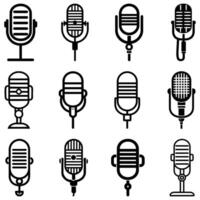 Microphone Icons Black and White Set of Retro Audio Devices for Recording Sound vector