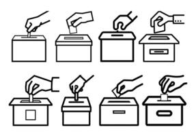 Black and White Line Art Illustrating Voting Hands Inserting Ballots Into Boxes, Set of Eight Styles vector