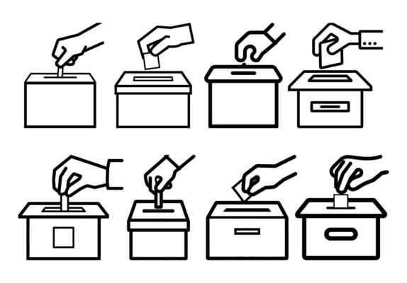 Black and White Line Art Illustrating Voting Hands Inserting Ballots Into Boxes, Set of Eight Styles