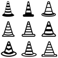 Nine varied traffic cone icons show striped patterns and differing base styles on transparent background vector