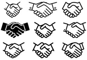 Black and White Line Art Illustration Displaying Nine Handshake Icon Variants on a White Background vector