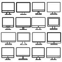 Sixteen different computer monitor icons arrayed in a grid are outlined in black vector