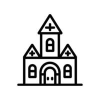Simple line art depicts a church building with a cross on top on transparent background vector