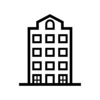 Simple black line depicts a multi story building with rectangular windows and arched rooftop vector
