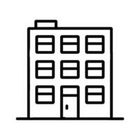 Minimalist icon displays a threestory building with a door and nine windows on transparent background vector