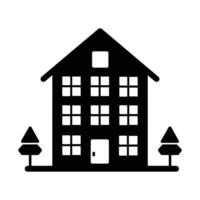 Black twostory building icon with nine windows, a door, and two trees, transparent background vector