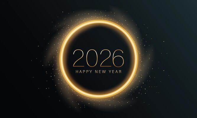 2026 Glittering New Year Card, Festive Sparkling Gold Background, in golden circle stars and black background