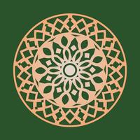 Geometric floral mandala pattern in peach on green background vector