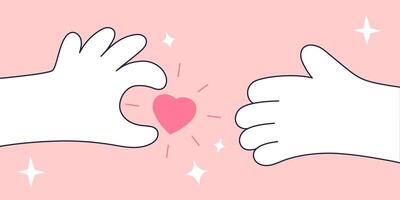 Illustration of Two Hands Reaching for a Heart Shape on a Pink Background. Flat Design Illustration. vector