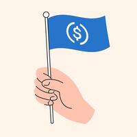 Cartoon Hand Holding Blue USD Coin Flag Representing Cryptocurrency and Blockchain Support, USDC Token Symbol vector