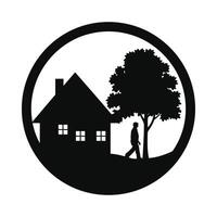 Silhouette of a house with a tree and a person walking in a circular frame vector