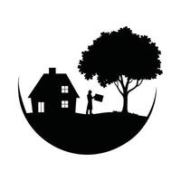 Silhouette of a house tree and a person holding a sign within a circle frame vector