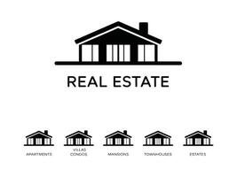 Black and white real estate icon set depicting various housing types for design projects vector