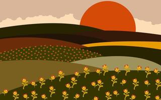 Flower hills illuminated by the sun form a beautiful landscape. vector