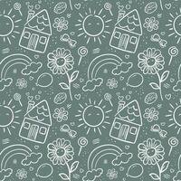 seamless pattern featuring whimsical illustrations of houses, suns, flowers, clouds, and rainbows on a muted green background. Perfect for wallpaper, wrapping paper, fabric, and print. vector