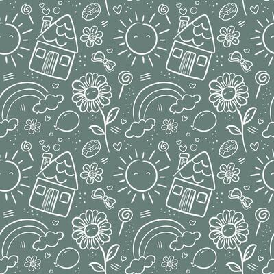 seamless pattern featuring whimsical illustrations of houses, suns, flowers, clouds, and rainbows on a muted green background. Perfect for wallpaper, wrapping paper, fabric, and print.