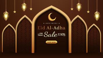 Eid Al Adha Sale Promotion With Crescent Moon, Lanterns, and Ornate Background vector