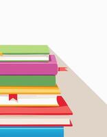 A playful pile of colorful books stacked loosely with visible page lines and bookmark ribbons. Soft shadows and a clean white background provide open copy space above. vector