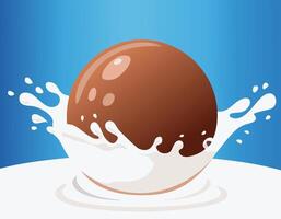 Chocolate ball splashing in milk with smooth curves and clean lines. A modern flat design with soft highlights and blue background. Simple and playful food art with space for text. vector