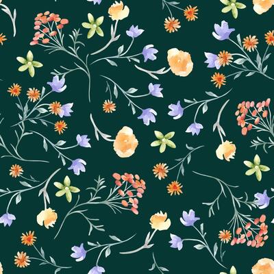 Delicate flowers, herbs soft orange, blue colors watercolor seamless pattern isolated. Abstract meadow blooms on repeated background hand drawn. Simple botanical texture for textile, wallpaper