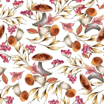 White mushrooms, dried herbs and red berries watercolor seamless pattern isolated. Rowan branch with porcini, leaves hand drawn. Boletus, forest plants on botanical repeated background for textile