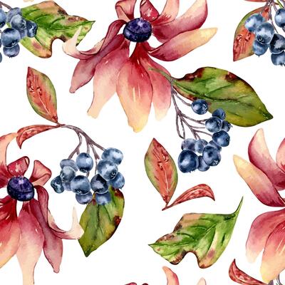 Pink coneflower and black chokeberry colorful watercolor seamless pattern isolated. Colorful autumn leaves, blue berries, pink flowers hand drawn botanical background for textile, wrapping paper
