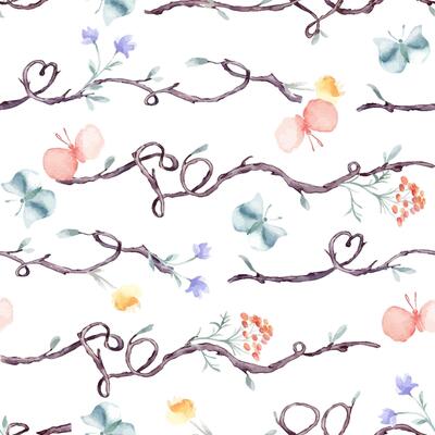 Watercolor seamless pattern of horizontal tree branches and floral elements isolated. Twigs on repeated background with delicate blue pink butterflies hand drawn. Simple botanical design wallpaper