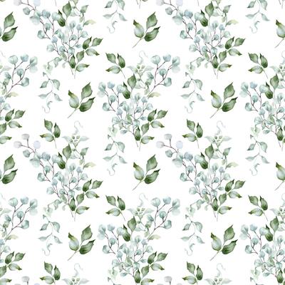 Watercolor foliage seamless pattern in sage green colors isolated. Eucalyptus branches and holly leaves on delicate repeated texture in soft green hand painted. Greenery background design textile